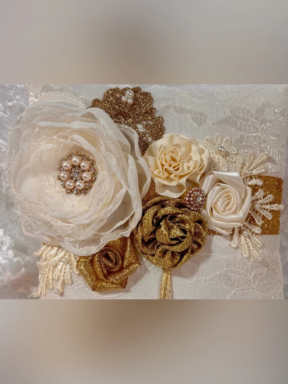 🌸 Handmade Ivory, Cream and Gold Ring Pillow and Flower Basket